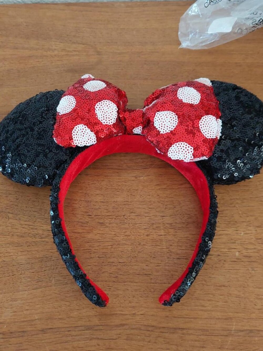 Disney Parks Minnie Mouse Sequin Ear Headband Classic Red Bow White Polka Dots #
